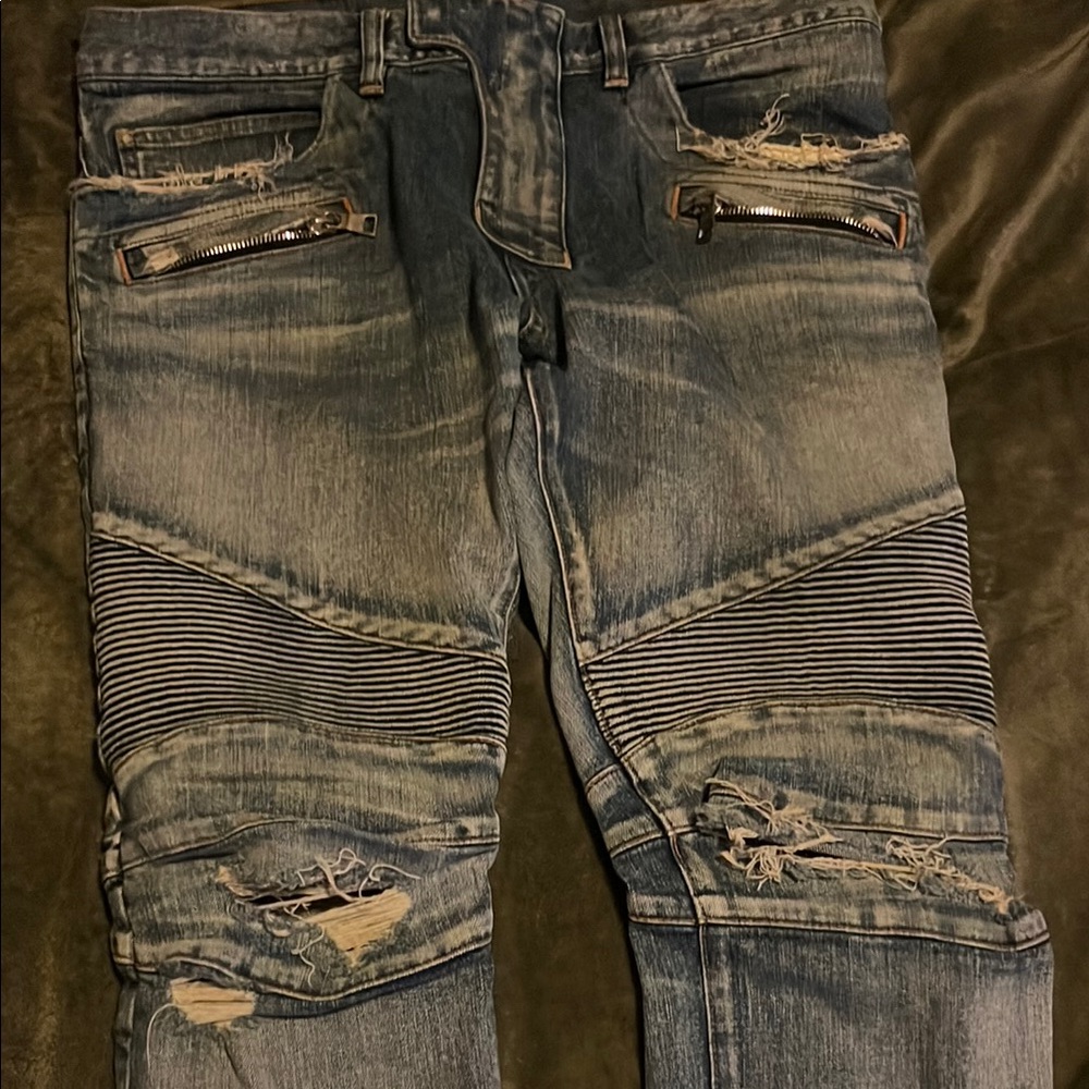 Men's Distressed Blue Jeans Biker Balmains